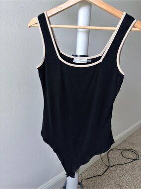 Heatherly Black Ribbed Tank Bodysuit with Cream Trim
